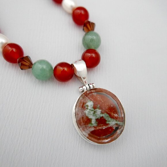 Gemstone and Pearl Necklace with Brazilian Mineral Pendant - Sterling Silver - Picture 2 of 5